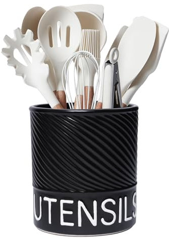 Karisky Utensil Holder for Kitchen Counter, 6.5 Large Ceramic Utensil Crock with Cork Mat, Modern Cooking Tool Spatula Organizer for Countertop Decor, Matte Black
