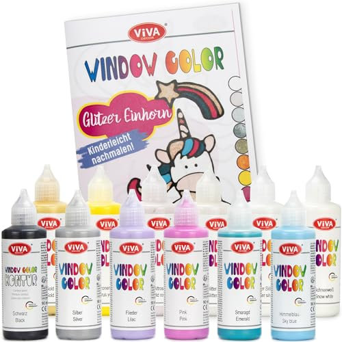 LM-Kreativ Window Color Kit de peinture à paillettes Licorne – Plongez dans un monde plein de couleurs avec 12 x 80 ml de peintures Window Colour à base d'eau. Plus livret de modèles avec 35 motifs de
