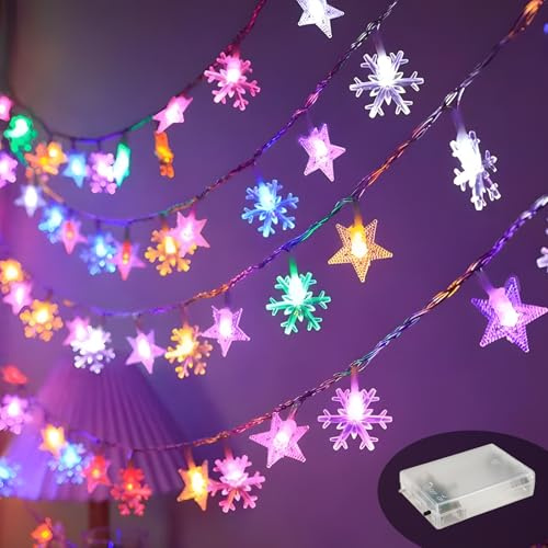Led Lichterkette, 10M 100LED Sterne Kugel, Batteriebetriebene Lichter für Weihnachtsbaum Dekor (Fünfzackiger Stern + Schneeflocke in Warmer Farbe)
