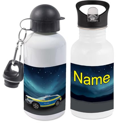 Trinkflasche mit Name/wahlweise 400ml, 500ml oder 600ml + Schriftwahl für Name + Edelstahl oder Aluminium (Polizei)
