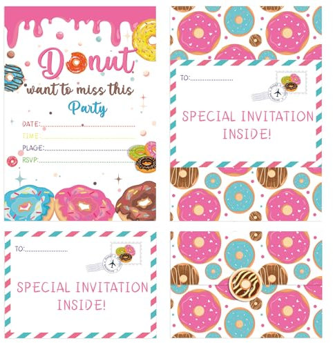SEDEX 36 Partyeinladungen für Kinder, Mädchen, Geburtstagsparty-Einladungen, Donut-Druck, Einladungskarten mit Klappumschlag-Design und Aufklebern