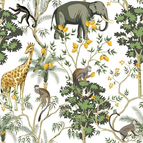 VEELIKE Exotic Safari Wallpaper for Nursery Kids Room White Tropical Wallpaper for Bedroom Living Room Elephant Giraffe Monkey Wall Mural Peel and Stick Animals Jungle Wall Paper 44.5 cm x 300 cm