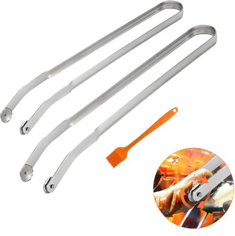 MONCAP 3 Sets Grillzange Edelstahl mit Rädchen 38CM Lange BBQ Grillzange Drehbar Würstchen Wendezange Drehzange Wurst Grill Zange mit Silikon Bürst Küchenzange für Grill Küche Buffet