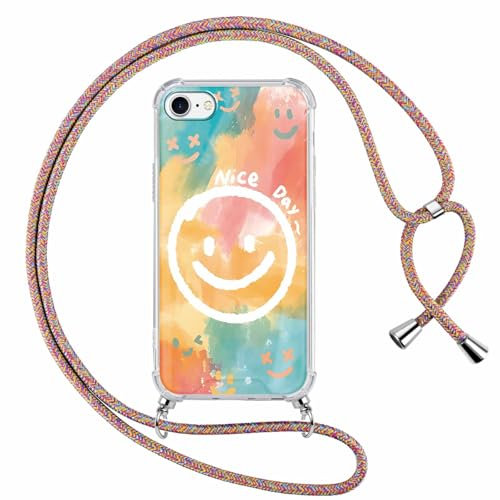 Foonary Handykette Handyhülle für iPhone 7/8/SE 2020/SE 2022 4,7 Hülle mit Band, Transparent Aesthetic Smiley Muster Case, Silikon TPU+PC Schutzhülle Necklace Cover mit Schnur Kordel zum Umhängen,01