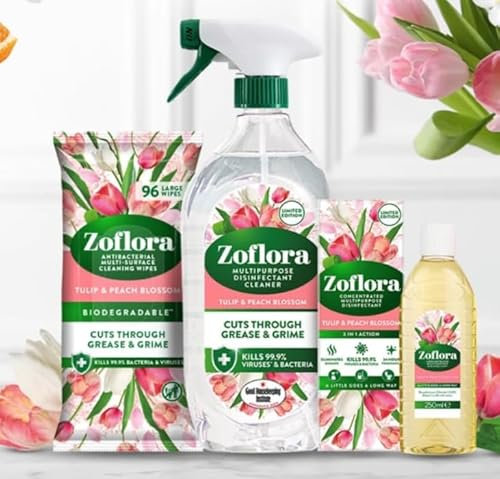 Zoflora Tulip & Peach Blossom Multipurpose Disinfectant Liquid (250ml), Large Wipes (96pk) and Cleaner Spray (800ml) Multipack