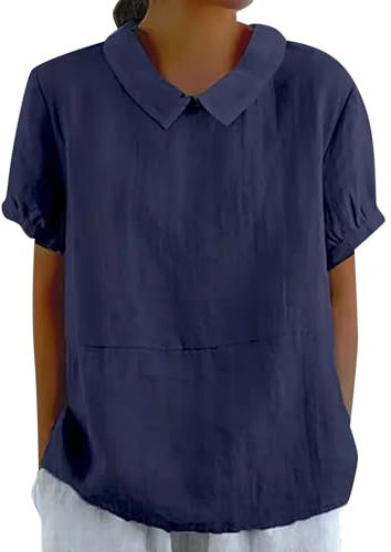 damen leinen shirt musselin hemd bluse große größen Einfarbig Baumwoll Revers Kurzarm Tunika longbluse sportoberteile(Dunkelblau, 3XL)