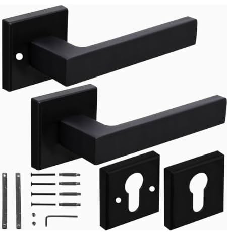 Generico Coppia Maniglie per Porte Interne - Maniglia Squadrata Nera Moderna con Rosetta Quadra da Design - Kit Fissaggio Incluso Montaggio Apertura Destra Sinistra
