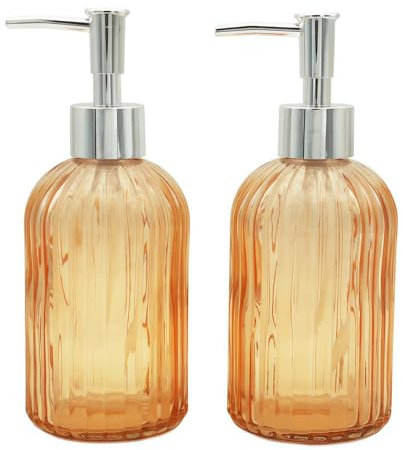 2 Pack Glass Soap Dispenser Bathroom Countertop Shampoo and Conditioner Dispenser Washing Up Liquid Hand Soap Pump Bottle Dispenser Kitchen(2, Orange)