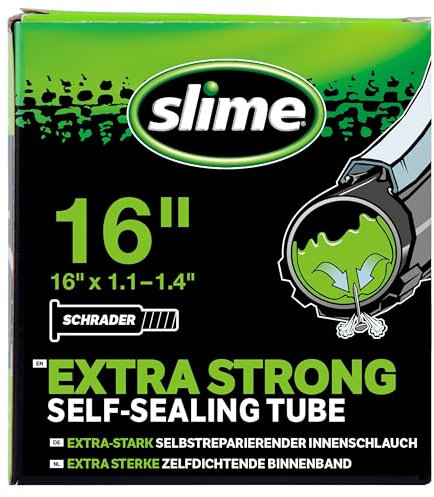 Slime 30094 Cámara Interior de Bicicleta con Sellante de Pinchazos Slime, Sellado Autónomo, Prevenir y Reparar, Válvula Schrader, 16 x 1.1-1.4