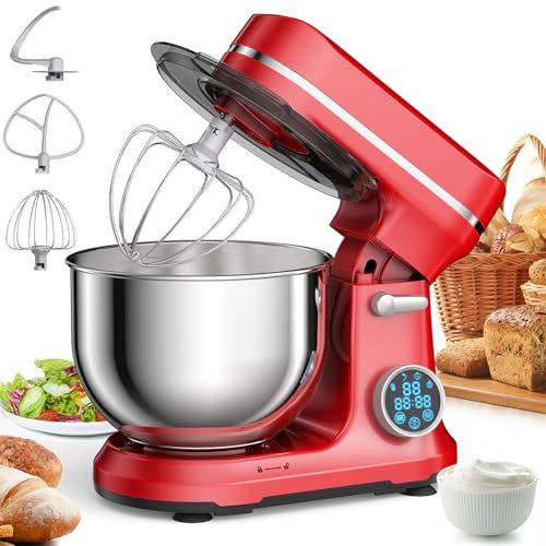 Stand Mixer, 1200W Tilt-Head Electric Stand Mixer with LED display, 5L Stainless Steel Bowl with K-beater, Dough Hook and Whisk, For Daily Use for Baking red