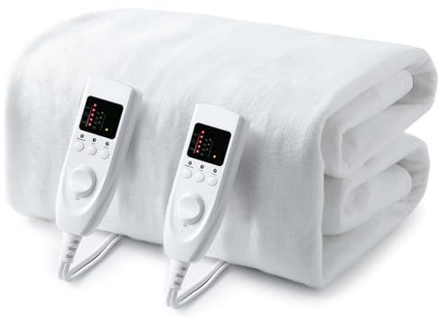 Aptliton Electric Blanket King Size 165x137cm, White Soft Polyester Heated Blanket with 5 Heat Settings & 10 Hours Auto-Off Timer Fast Heat Up, 2 x Detachable Controller & Machine Washable Heating Pad