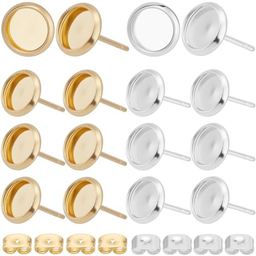 Beebeecraft 1 Box 2 Farben 60 Stück Cabochon Ohrstecker 18 Karat Vergoldeter Und Sterling Silber Beschichteter Edelstahl Runde Cabochon Ohrstecker Rohlinge Mit 8 Mm Tablett 60 Stück Ohrringverschlüsse