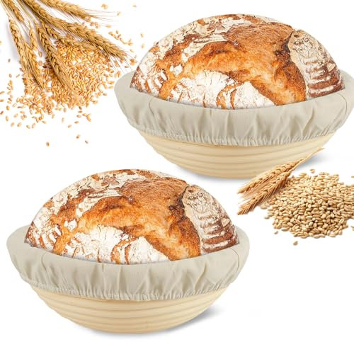 Gärkörbchen für Brot, 2 Stück Gärkorb Zum Brotbacken Set, Brotkörbchen aus Natürlichem Rattan, für Professionelle und Häusliche Bäcker, Kunsthandwerk Brotbacken (2 Rund 25 * 8 cm)