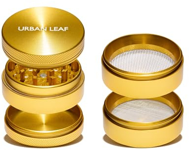 URBAN LEAF Fine Grinder 2.0 Premium Gewürzmühle 55mm Aluminium 4-teilig mit 2 Pollensieben Modularer Crusher (gold)