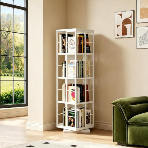 Ztexkee Drehbares Bücherregal,4 Böden Standregal 360°-Drehung Lagerregal Multifunktionales Metall Bücherregal für Wohnzimmer,Schlafzimmer, Arbeitszimmer, Büro Weiß