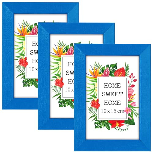 MG Design Set aus 3 Blau Bilderrahmen A6 10 x 15 cm – Aus echtem Holz mit Acrylglas, zum Aufhängen & Aufstellen, für Fotos, Poster & Puzzle
