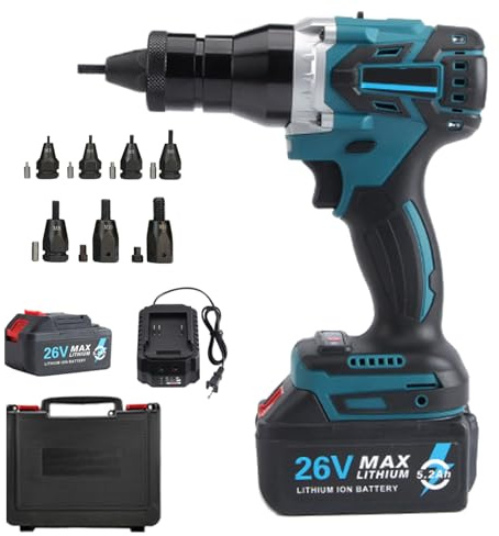 Rivettatrice a batteria professionale con 1 Batteria 26V 5200mAh | Pistola per Rivetti Senza Spazzole per Dadi M3/M4/M5/M6/M8/M10/M12 e Inserti Filettati, Kit Completo con Custodia