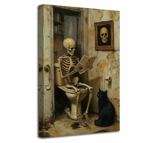 LZIMU Skelett Badezimmer Lustiges Halloween Bild Düsteres Gothic Dark Academia Gemälde Totenkopf auf Toilette Lesende Leinwanddrucke Poster Schwarze Katze Kunstwerk Dekor ((60L x 40B cm))