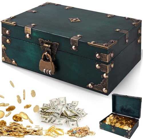 Otauoaea Aufbewahrung Schatzkiste mit Schloss, Vintage Holz Schatztruhe, Holz Schatztruhe kindergeburtstag Schatzkiste kindermit Deckel Piratenkiste für Aufbewahren und Dekorieren Geschenke,Grün
