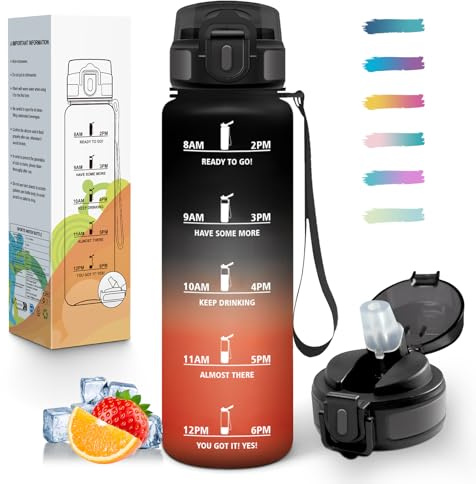 Mulbijeo Gourde 1L, Étanches, Gourde Avec Paille, Réutilisable, Bouteille d'eau, Échelle de Temps et Slogans de Motivation, Bouteille Sport pour Gym, Ecole, Cyclisme, Plein air, Sport