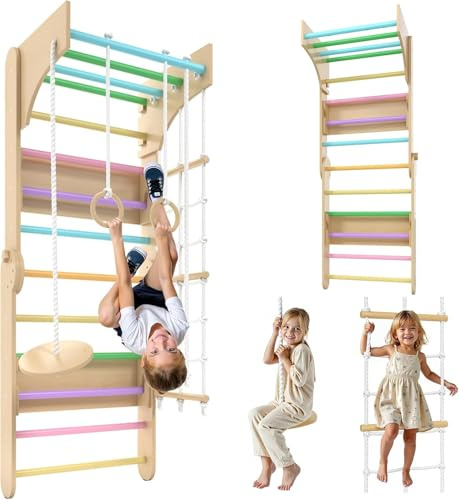 Sprossenwand Kinderzimmer – 6-in-1 Klettergerüst mit Kletterwand, Schaukel & Ringen, Holz-Set für Motorik & Spielspaß Indoor