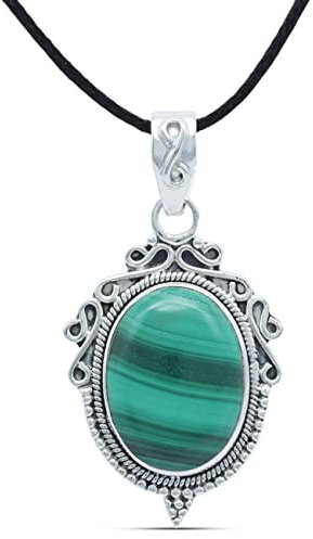 mantraroma Kettenanhänger 925 Silber Malachit grüner gestreifter Stein Edelstein Kettenanhänger Damen Sterling Silber Halskette Anhänger Geschenk (MAH-124-10)