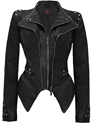 Olivia Miller Damen Klassische Kunstlederjacke Nieten Revers Schwalbenschwanz Bikerjacke, Jk44169-schwarz, XL
