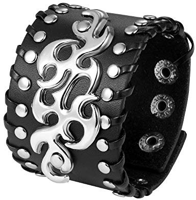 JewelryWe Schmuck Herren Breit Lederarmband Einzigartig Flamme Nieten Leder Armband Armreif Manschette Druckknopf Verstellbar Punk Biker Rock Schwarz