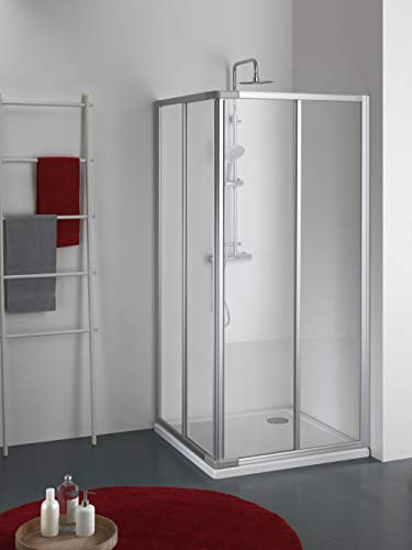 Cabina doccia angolare porta scorrevole in vetro ESG 3 mm, divisoria doccia 80/90 x 80/90 cm, altezza 185 cm, profilo in alluminio argento satinato