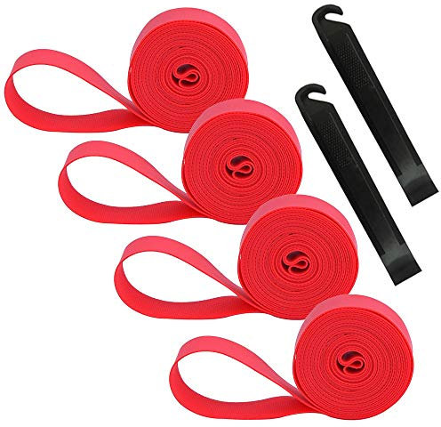 QitinDasen 4Pcs Premium PVC Fahrradreifen Felgenband, 24 Mountainbike Reifen Liner, Pannenschutz Felgenband mit 2Pcs Fahrrad Reifenheber (Rot)