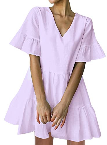 FANCYINN Sommerkleid Damen Kurz Tunika Kleid V-Ausschnitt Volant Lockeres Swing Mini Kleider Helles Lila S