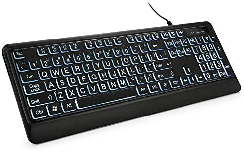 KOPJIPPOM Teclado retroiluminado de impresión grande, teclado de computadora con cable USB, teclado de tamaño completo con LED iluminado blanco, compatible con escritorio Windows, laptop, PC, juegos