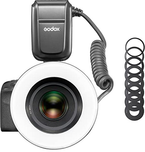 Godox MF-R76 Makro-Ringblitz, Fokus-Hilfslampen, Separates Helligkeitssteuerungssystem, wiederaufladbarer Lithium-Akku, ausgestattet mit 8 Adapterringen für Kameras
