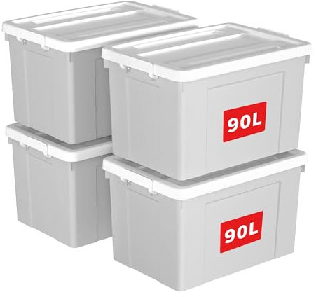 Cetomo 90L*4 Storage Boxes, Plastic Storage Box with Lids, Organizing Container with Secure Latching Buckles, Stackable, Nestable, Tote Bin for Home Office Clothes, 90L-4Pack, Gray
