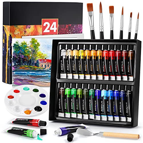 DazSpirit Kit de Peintures Acryliques, 24 Tubes Acrylique Peintures pour Artiste, Adultes, Enfants, Débutants, avec 6 Pinceaux d'art, Grattoir et Palette, Peintures pour Toile, Bois, Céramique, Tissu