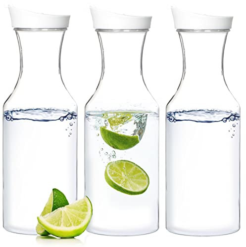 Youngever 3 Pack 1000ML Plastic Carafe, Reusable Clear Water Pitcher, Beverage Containers with Lids