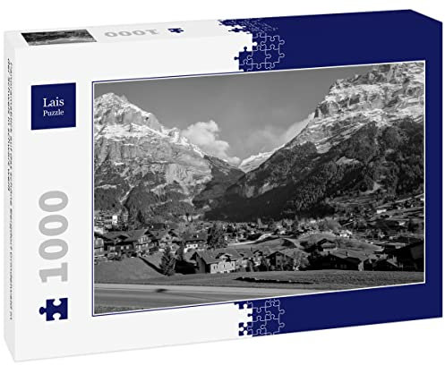 Lais Puzzle Panoramablick auf das schöne Bergdorf Grindelwald in der Schweiz in schwarz weiß 1000 Teile
