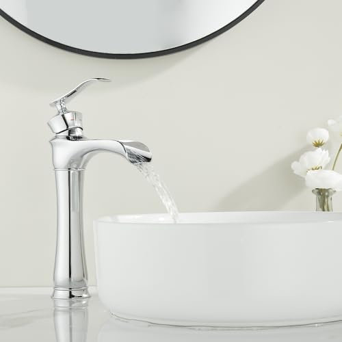 Maynosi Rubinetto Bagno Lavabo Alto, Miscelatore per Lavabo a Cascata, Rubinetti Lavabo Alto Retro, Rubinetto Miscelatore Monoleva Elegant in Ottone, Includono Tubi (Cromo)
