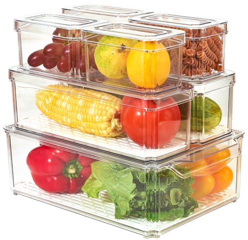Cozihom Stackable Refrigerator Organizer Bins with Lids, Fridge Organization and Storage Clear Containers, BPA-Free Plastic Pantry Bins for Fruits, Vegetable, Food, Drinks, With Drain Tray, Set Of 7