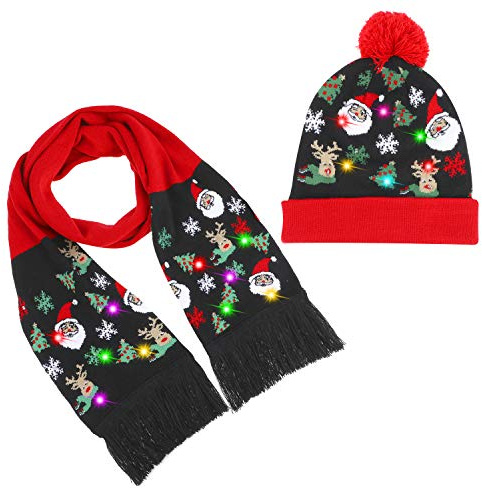 TAGVO Gorro y Bufanda con luz LED, Brillante Sombrero de Gorro de Punto Navideño y Calentador de Cuello, Fiesta de Vacaciones de Invierno Gorro y Bufanda para Hombres, Mujeres y Niños