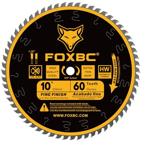 FOXBC Lame de scie à onglet/table de 25,4 cm, 60 dents ATB, joint de coupe fin, finition fine, lame de coupe en croix avec mandrin 5/8