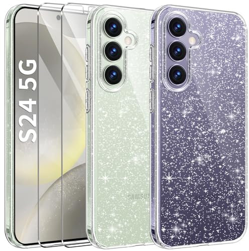 AROYI 3 in 1 Klar Glitzer Handyhülle Samsung Galaxy S25 / S24 5G Hülle Glitzer mit 2 Stück Schutzfolie, Hülle Samsung S24 / S25 5G Transparent Weiche TPU Silikon Case [Anti-Yellowing]