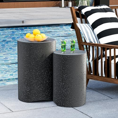 HOMPUS Outdoor Concrete Side Table Set of 2, Outdoor Nesting Table Round w Spotted Modern Vintage MgO, Lightweight Functional Patio Accent Table for Indoor Outside, Garden, Deck, Poolside, Dark Grey