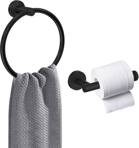 Toilet Roll Holder Towel Ring, Wall Mounted Classic Toilet Paper Holder, 2 Pieces Matte Black 304 Stainless Steel Bathroom Accessories