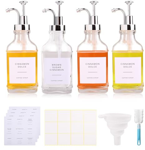 Kqpoinw 4 x 500ml Distributeur Sirop de Café,Bouteille de Sirop en Verre avec Pompe,pour Accessoires de Bar à Café Vanille Érable Distributeur de Savon (Argent)