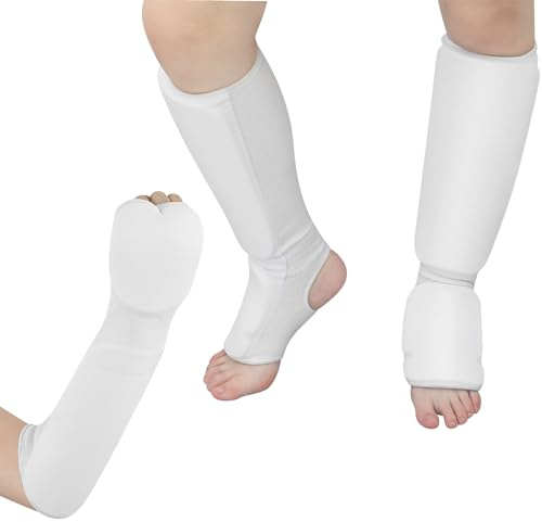 Cozypower 2 Pairs Taekwondo Sparring Gear for Kids Shin Guards and Fist Forearm Guards Protector Hand Foot Padded Arm Sleeves for Martial Arts MMA Karate Muay Thai(Small,White)