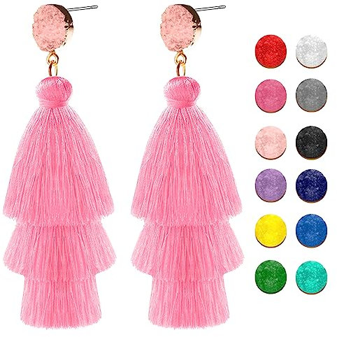 Boho Quasten Ohrringe,Quasten Anhänger Pink,Ohrringe Pink Hängend Damen,Böhmische Schmuck Set