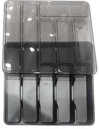 Organizador de cubiertos cubierto, cubiertos con tapa, soporte para utensilios con tapa, bandeja para cajones de cocina con soporte para utensilios de 2 niveles y 9 compartimentos para almacenamiento