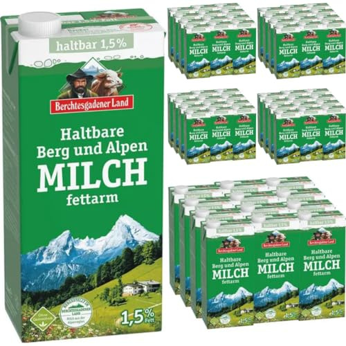 Milch Berchtesgadener Alpenmilch Land H-Milch 1,5% Fett Haltbare Milch Bergbauern-Milch, je 1 Liter, 60 Stück+ pufai