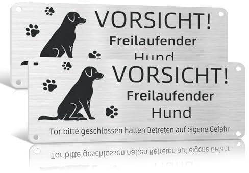 Vorsicht Freilaufender Hund, 25x 10cm Achtung Hund Schild,Betreten auf Eigene Gefahr Schild Schild Warnung vor Dem Hund,Warnschild Hund Aluminium mit Selbstklebend und Vorgebohrten Löchern (2)